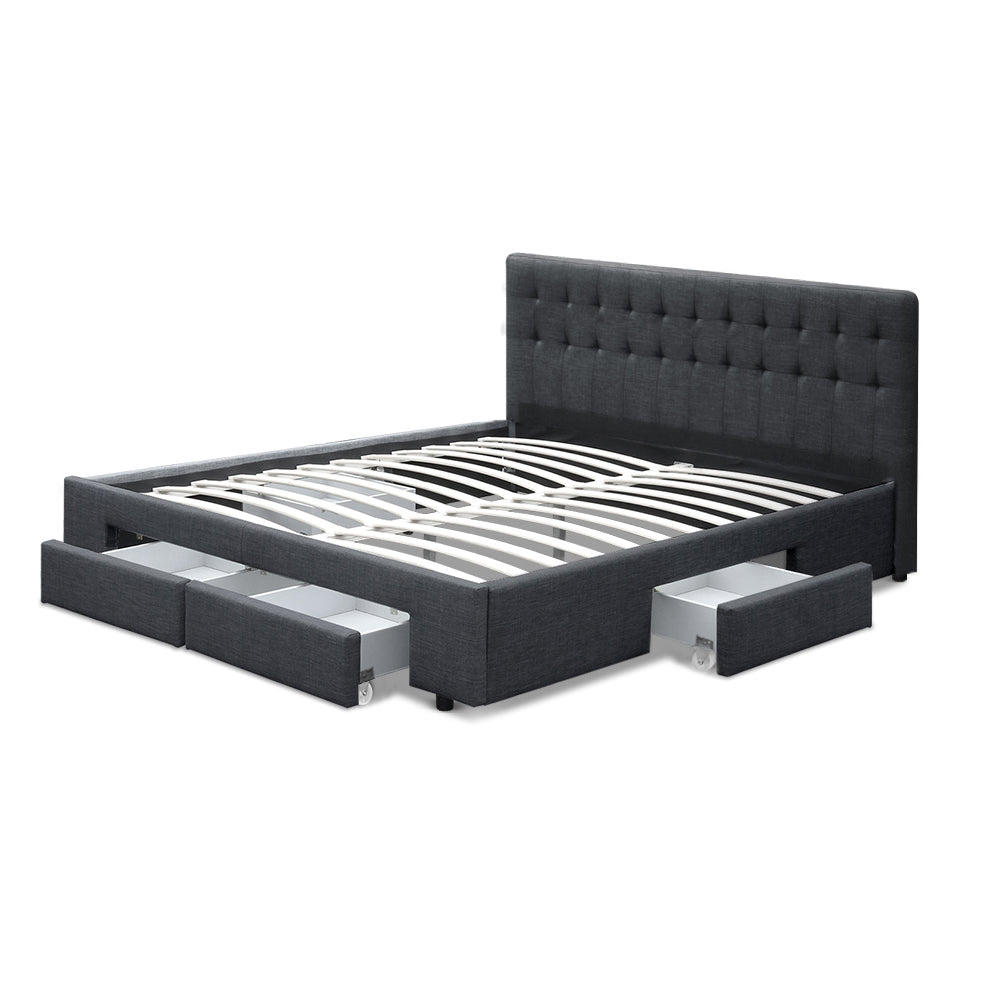 King Bed Frame Charcoal with 4 Built-In Storage Drawers