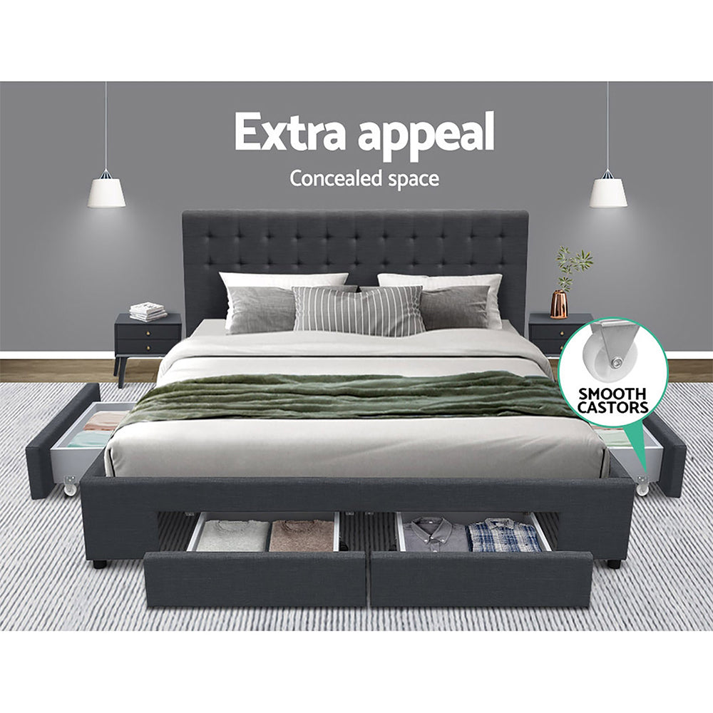 King Bed Frame Charcoal with 4 Built-In Storage Drawers
