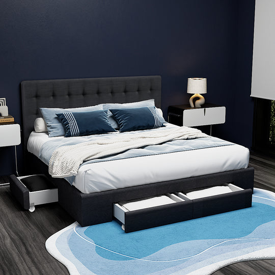 King Size Fabric Bed Frame Headboard with Drawers Charcoal