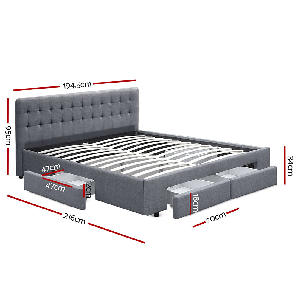 King Bed Frame Grey with 4 Storage Drawers and Durable Wooden Base