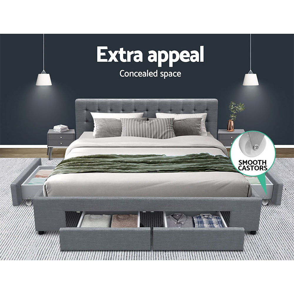 King Bed Frame Grey with 4 Storage Drawers and Durable Wooden Base