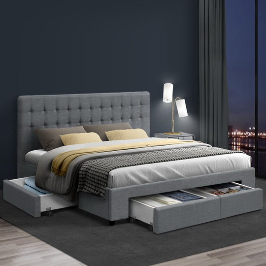 King Bed Frame Grey with 4 Storage Drawers and Durable Wooden Base - Avio Fabric Headboard Bframe