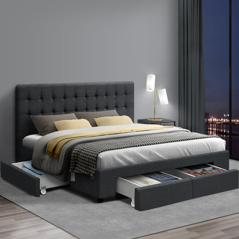 Queen Size Fabric Bed Frame Headboard with Drawers  - Charcoal