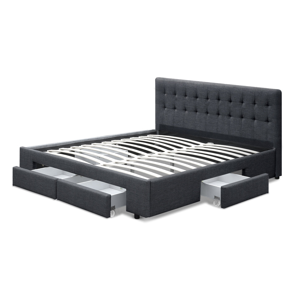 Queen Bed Frame Charcoal with 4 Built-In Storage Drawers