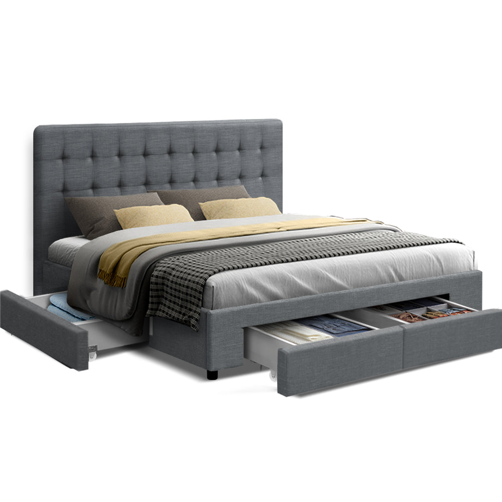 Queen Bed Frame Grey with 4 Storage Drawers and Sturdy Wooden Base