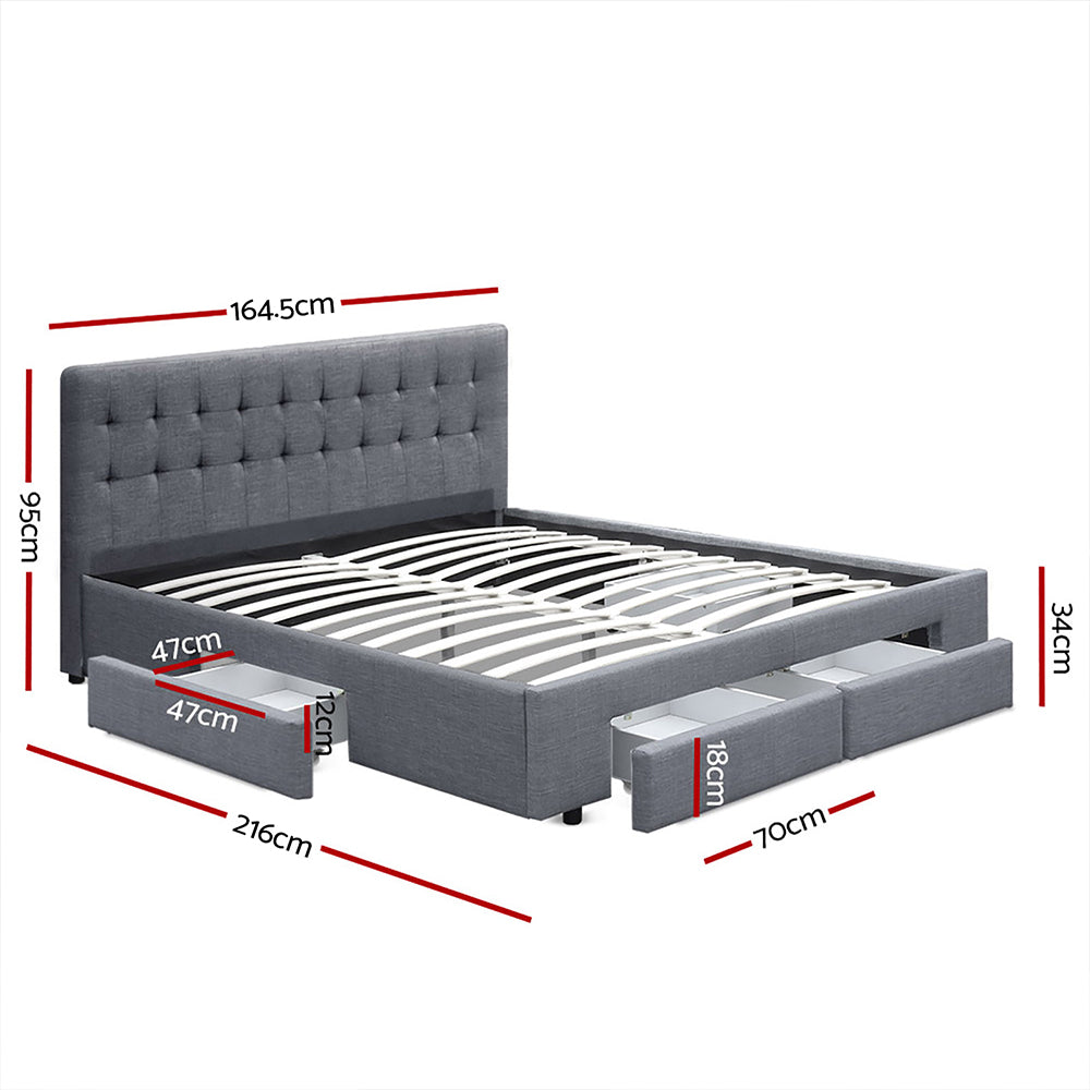 Queen Bed Frame Grey with 4 Storage Drawers and Sturdy Wooden Base