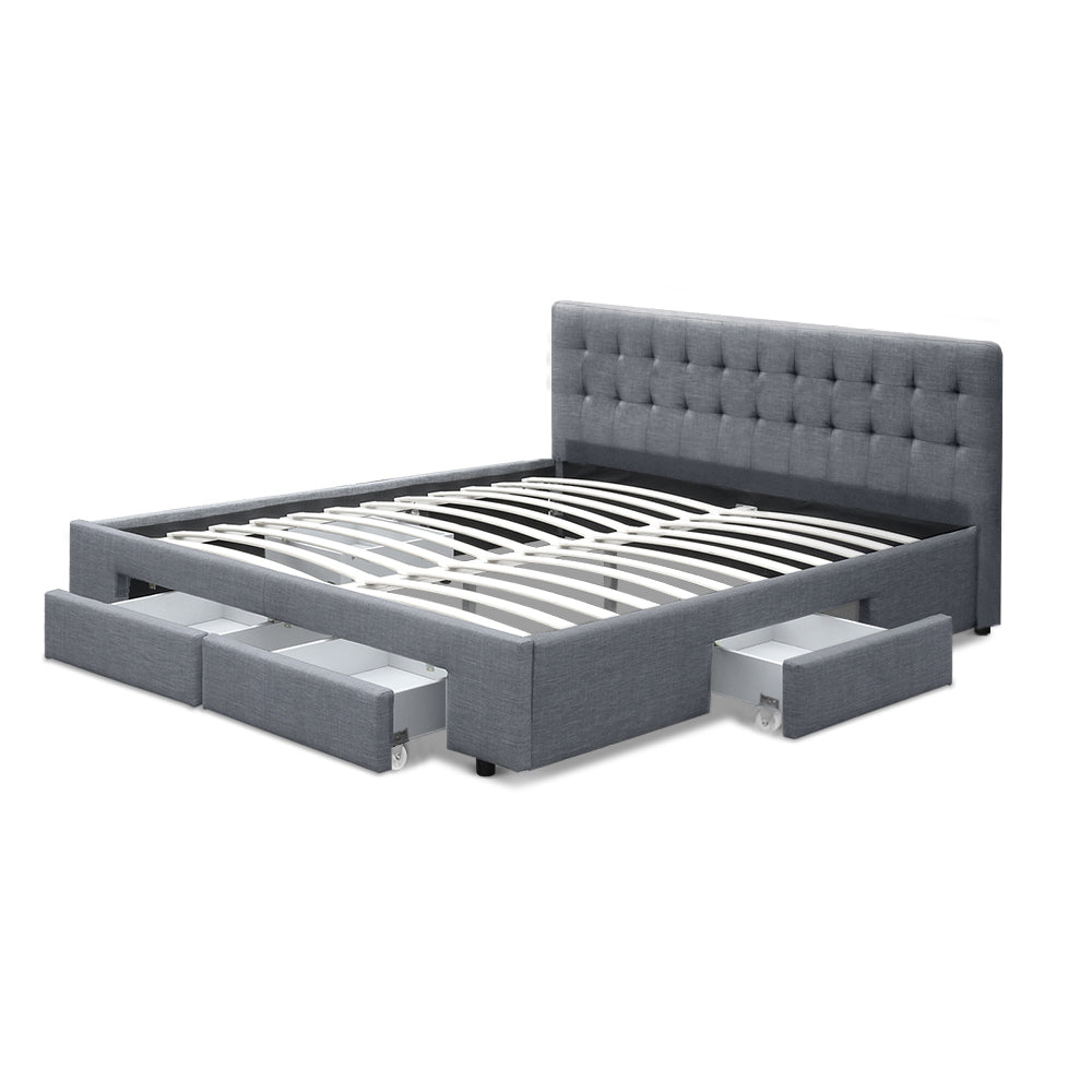 Queen Bed Frame Grey with 4 Storage Drawers and Sturdy Wooden Base