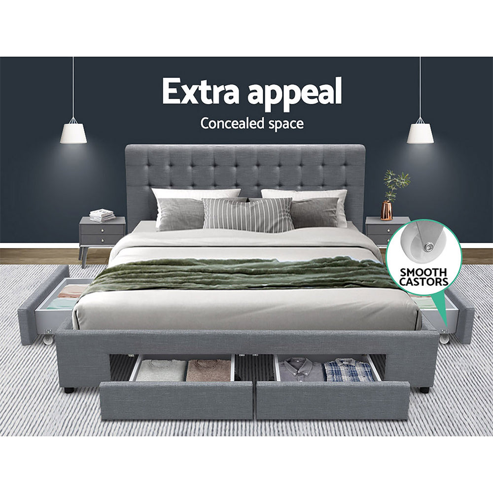 Queen Bed Frame Grey with 4 Storage Drawers and Sturdy Wooden Base