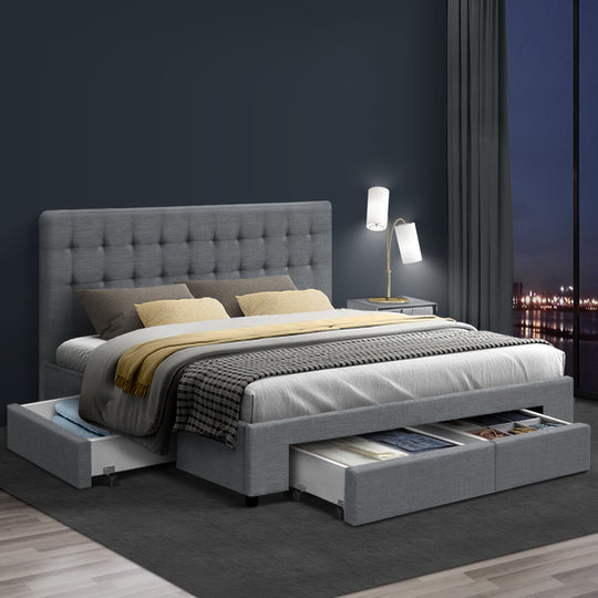 Queen Bed Frame Grey with 4 Storage Drawers and Sturdy Wooden Base - Avio Fabric Headboard Bframe