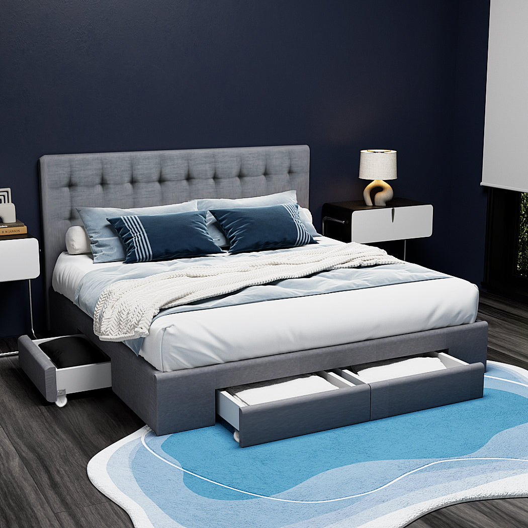Queen Bed Frame Grey with 4 Storage Drawers and Sturdy Wooden Base
