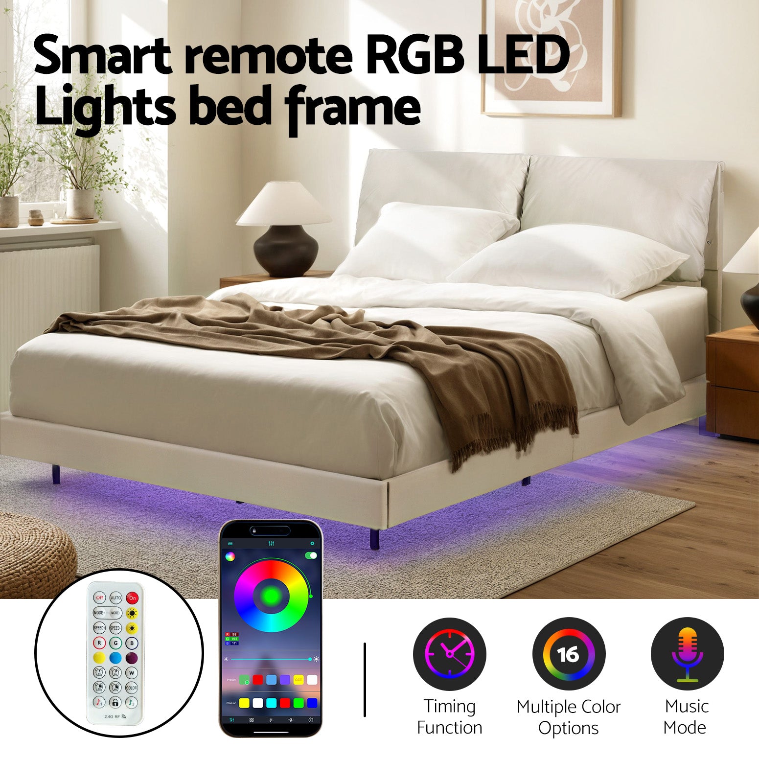 Double Size Bed Frame With RGB LED Floating Platform And Adjustable Headboard