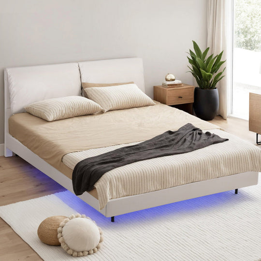 Queen Size Bed Frame With RGB LED Floating Platform And Adjustable Headboard