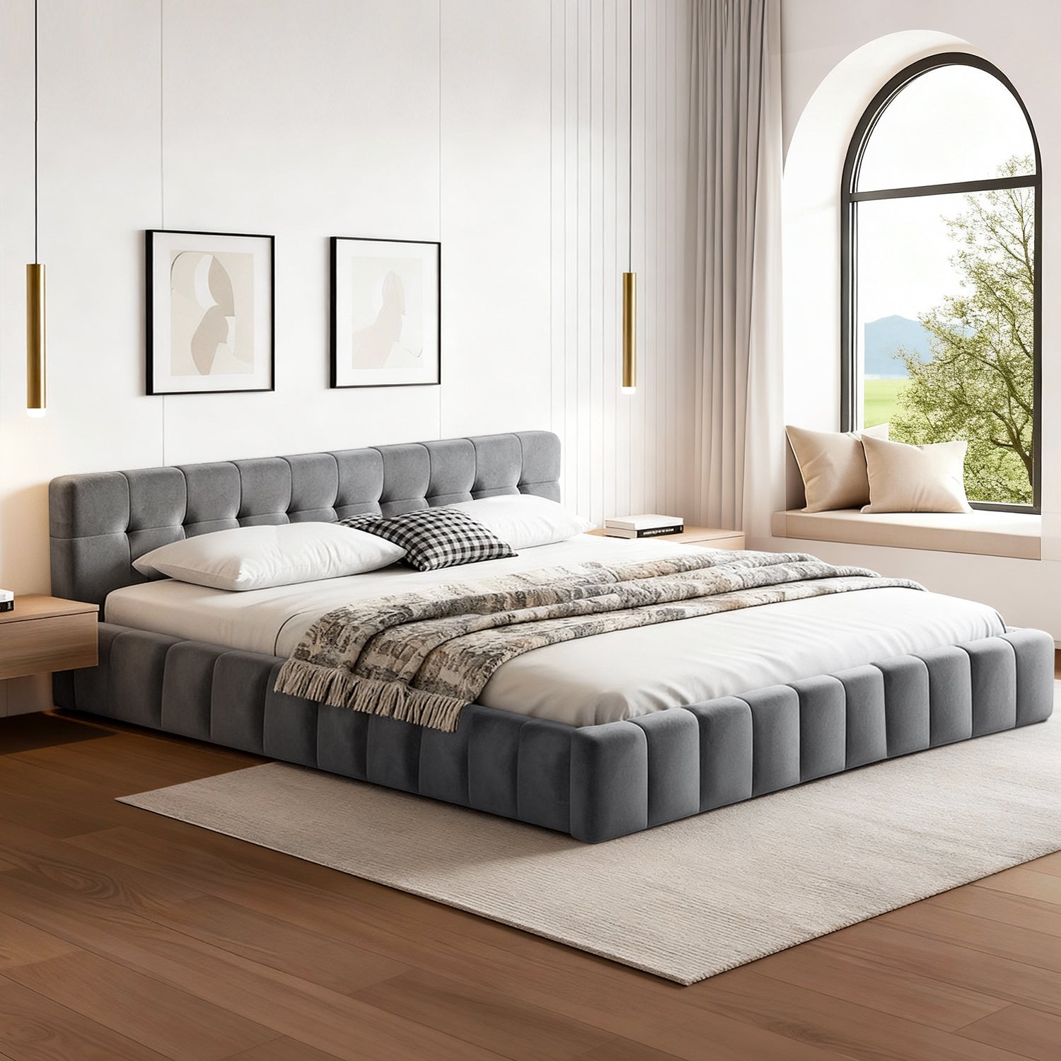 King - King Size Bed Frame With Plush Velvet Headboard Grey Modern Platform Base