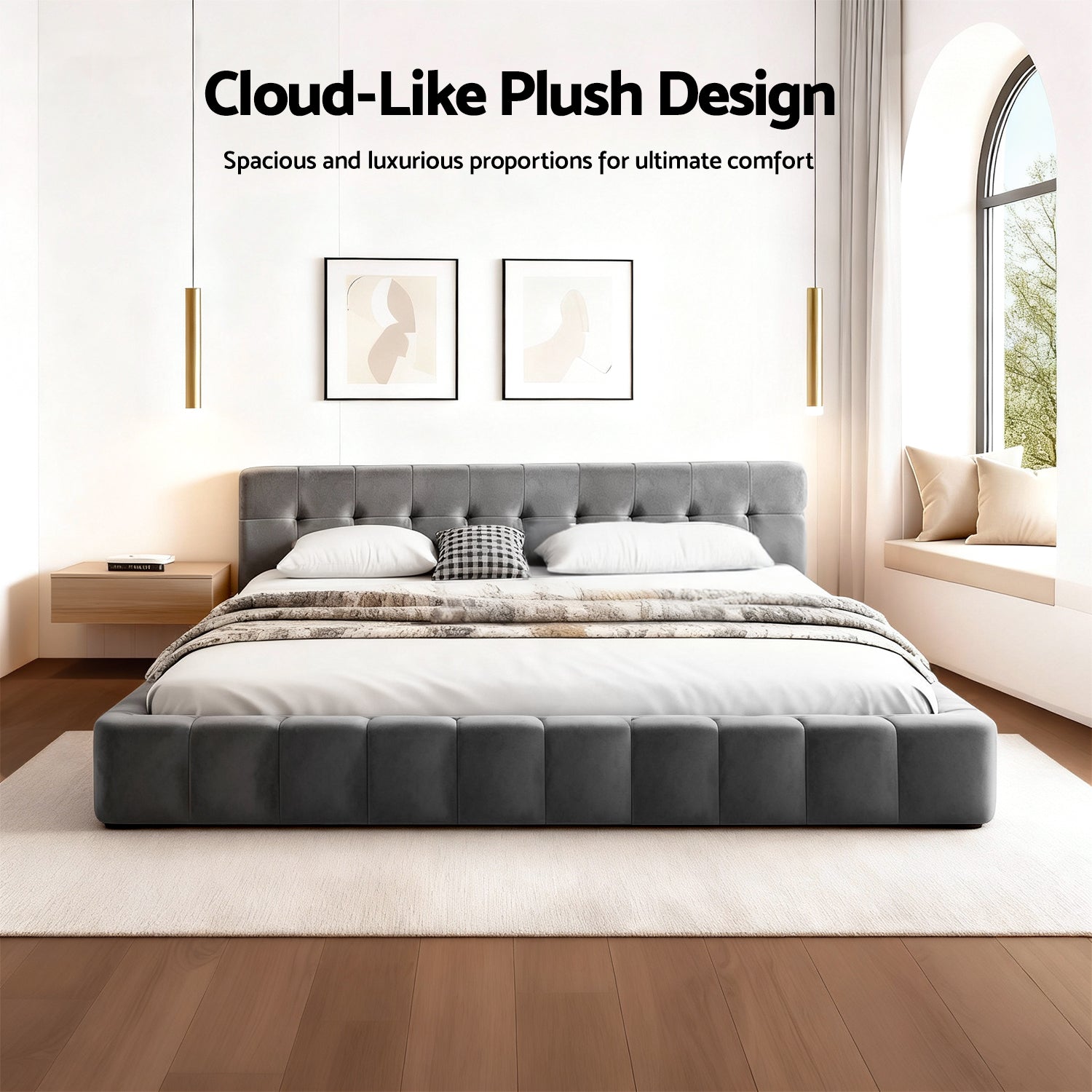 King Size Bed Frame With Plush Velvet Headboard Grey Modern Platform Base, Velvet finish