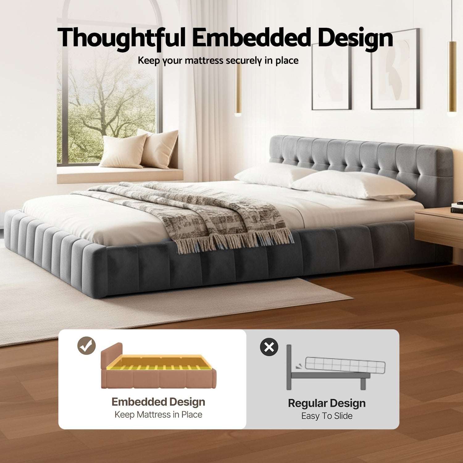 Grey colour - King Size Bed Frame With Plush Velvet Headboard Grey Modern Platform Base