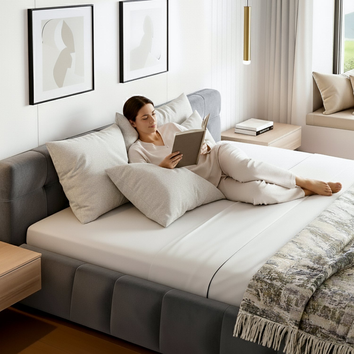 Velvet finish - King Size Bed Frame With Plush Velvet Headboard Grey Modern Platform Base