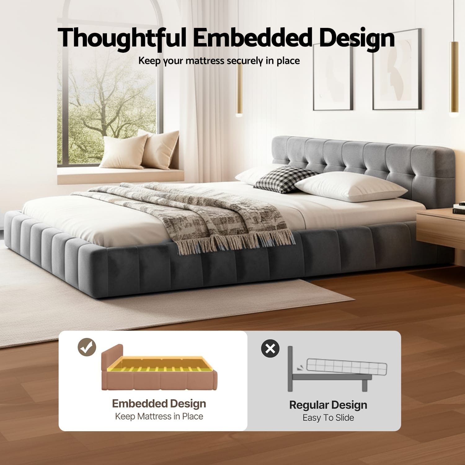 Queen Bed Frame Velvet Headboard 153x203cm