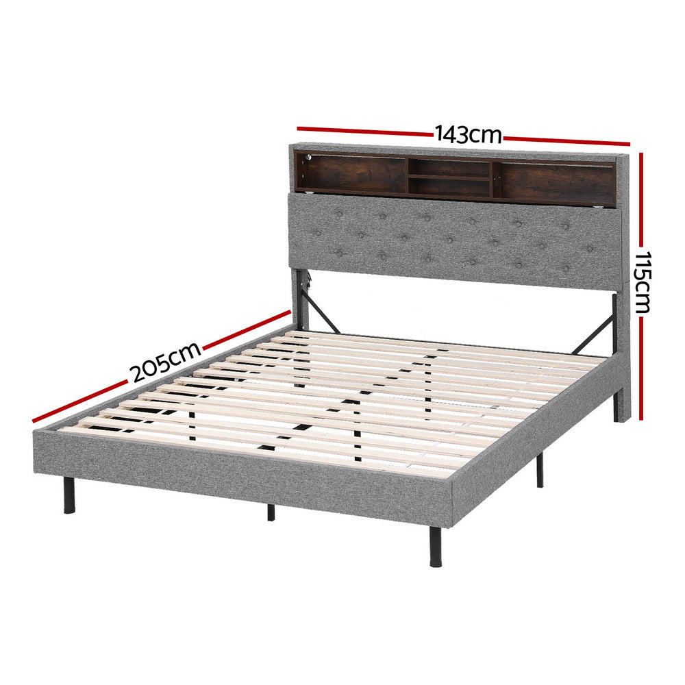 LED Bed Frame Platform Storage Shelf And Hidden Storage Box Grey-Double Size | Grey colour