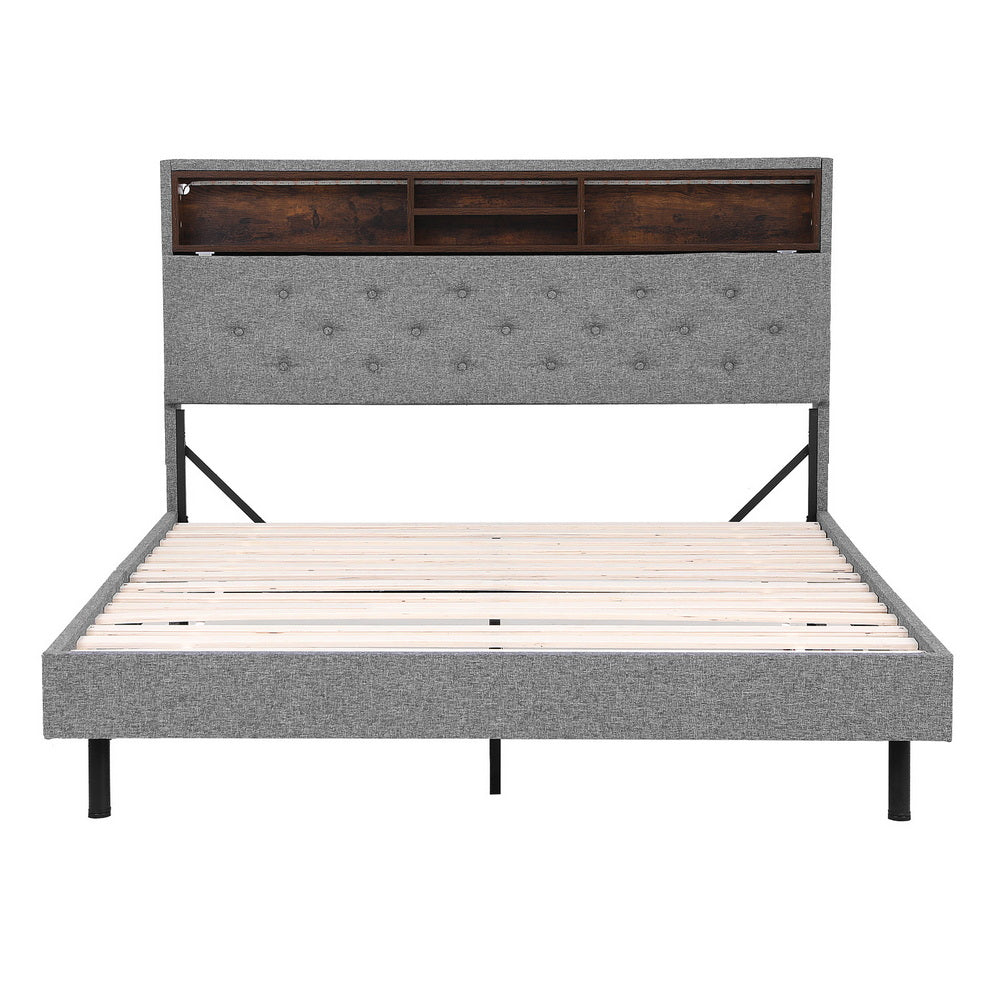 Mattress Base - LED Bed Frame Platform Storage Shelf And Hidden Storage Box Grey-Double Size