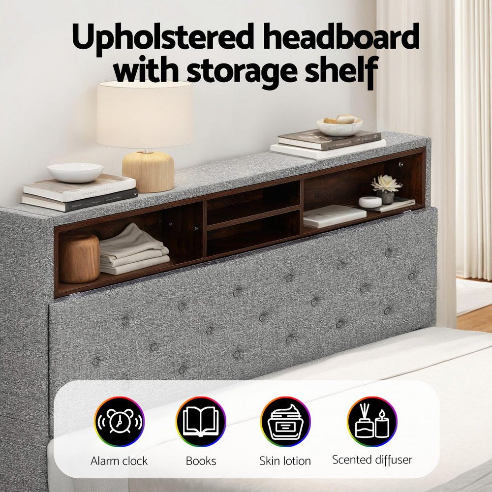 LED Bed Frame Platform Storage Shelf And Hidden Storage Box Grey-Double Size | Mattress Base