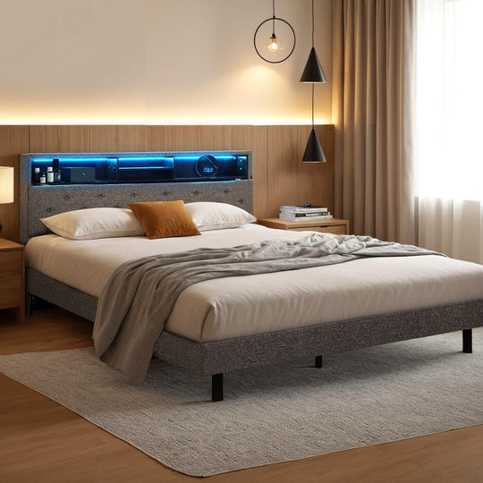 LED Bed Frame Platform Storage Shelf And Hidden Storage Box Grey-Double Size