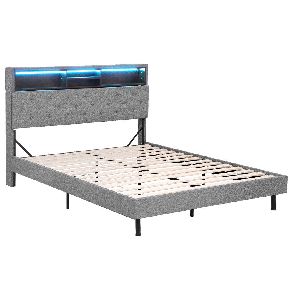 Queen Size Bed Frame With LED Platform Storage Shelf And Hidden Storage Box Grey