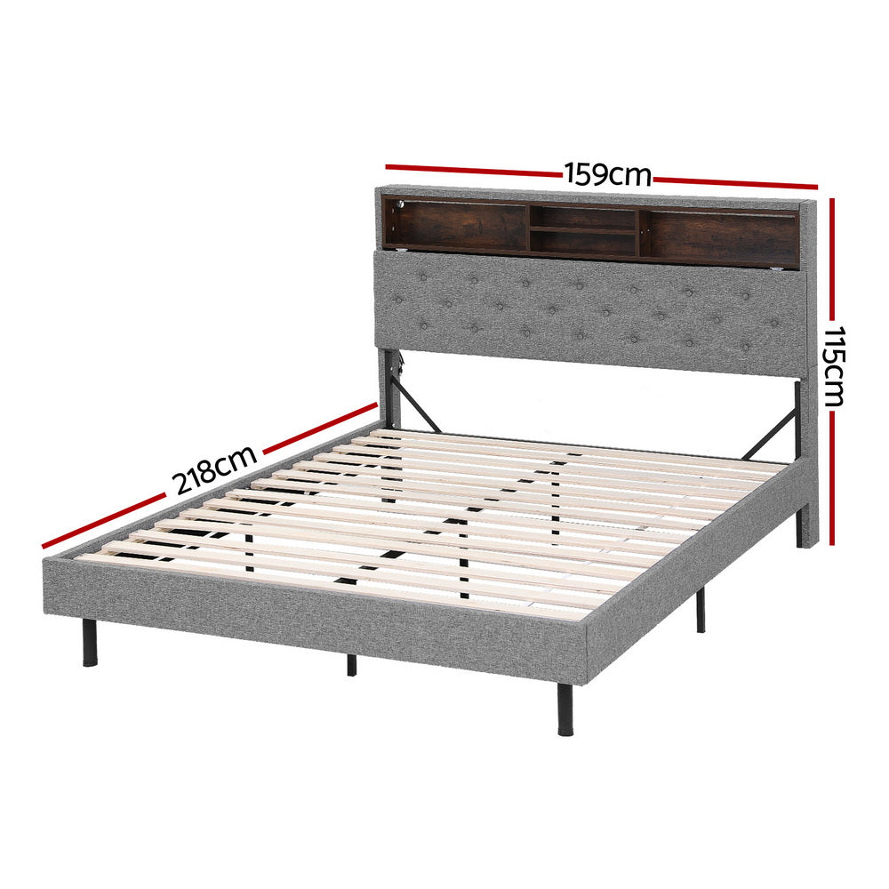 Queen Size Bed Frame With LED Platform Storage Shelf And Hidden Storage Box Grey