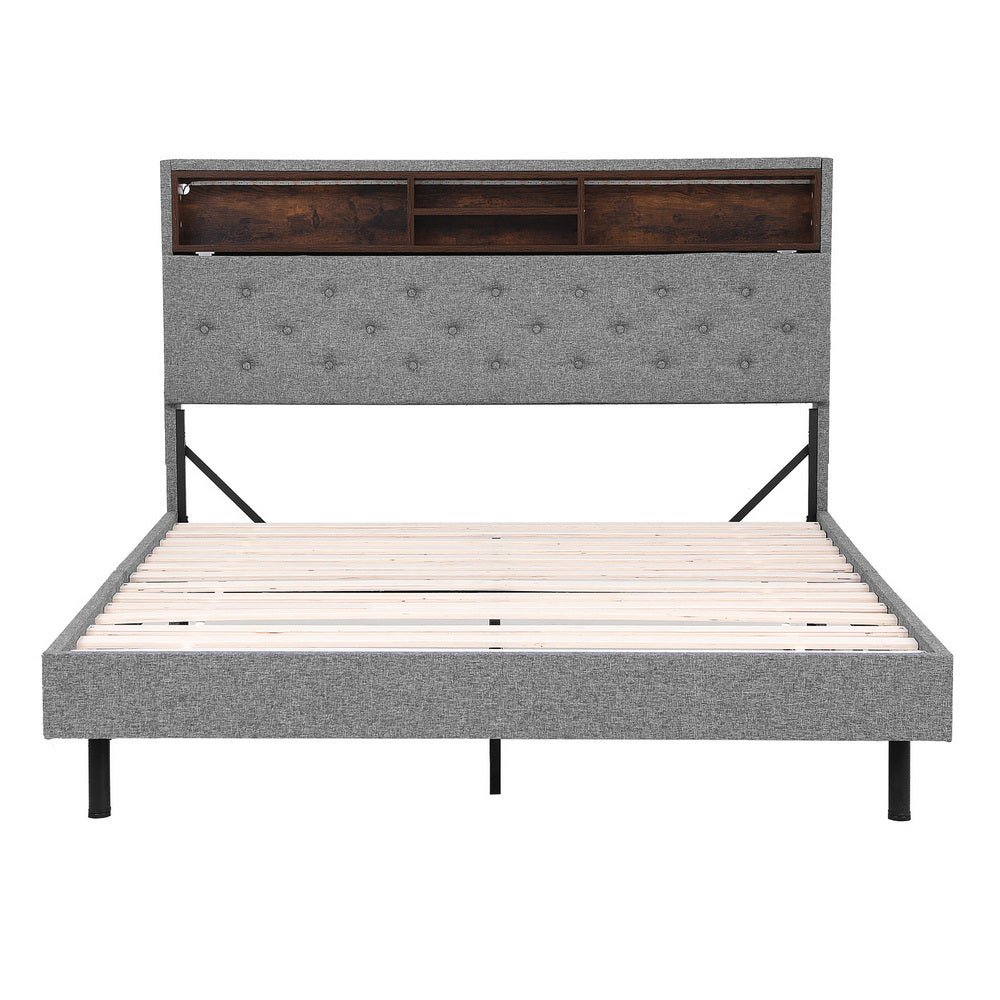 Queen Size Bed Frame With LED Platform Storage Shelf And Hidden Storage Box Grey