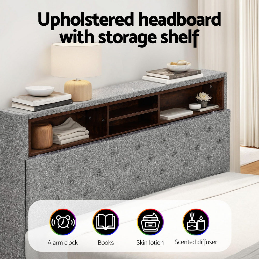 Queen Size Bed Frame With LED Platform Storage Shelf And Hidden Storage Box Grey