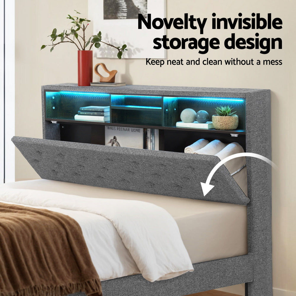 Queen Size Bed Frame With LED Platform Storage Shelf And Hidden Storage Box Grey