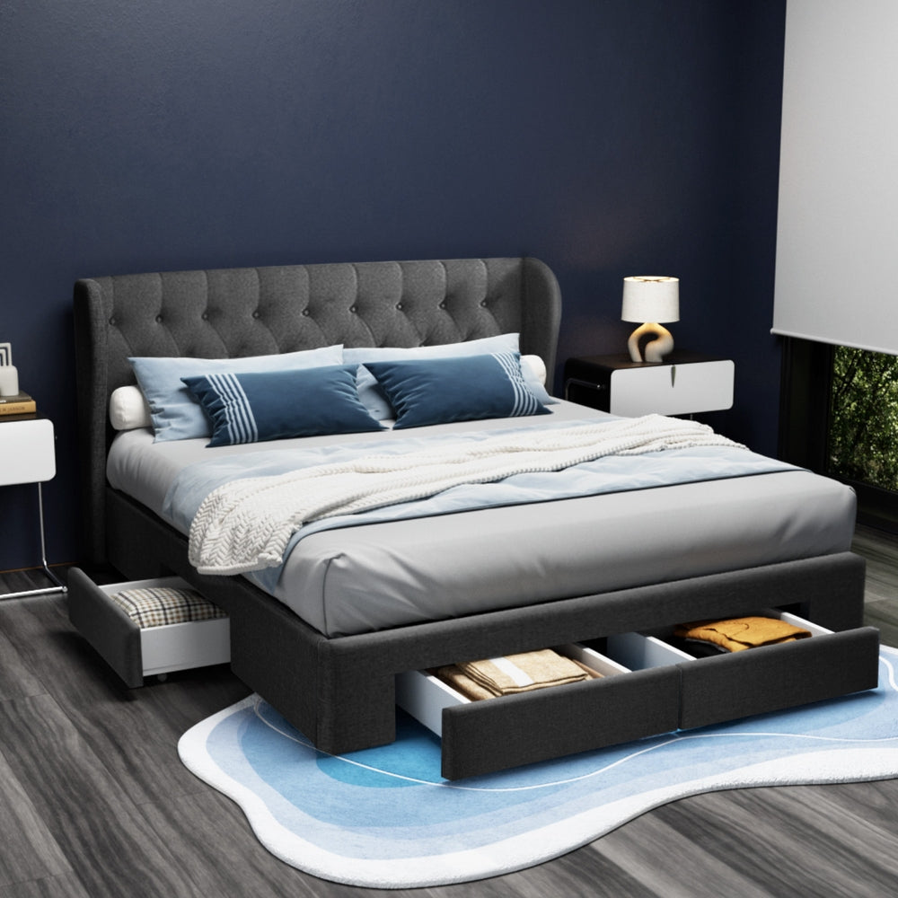 Bed Frame King Size Charcoal With 4 Built In Storage Drawers