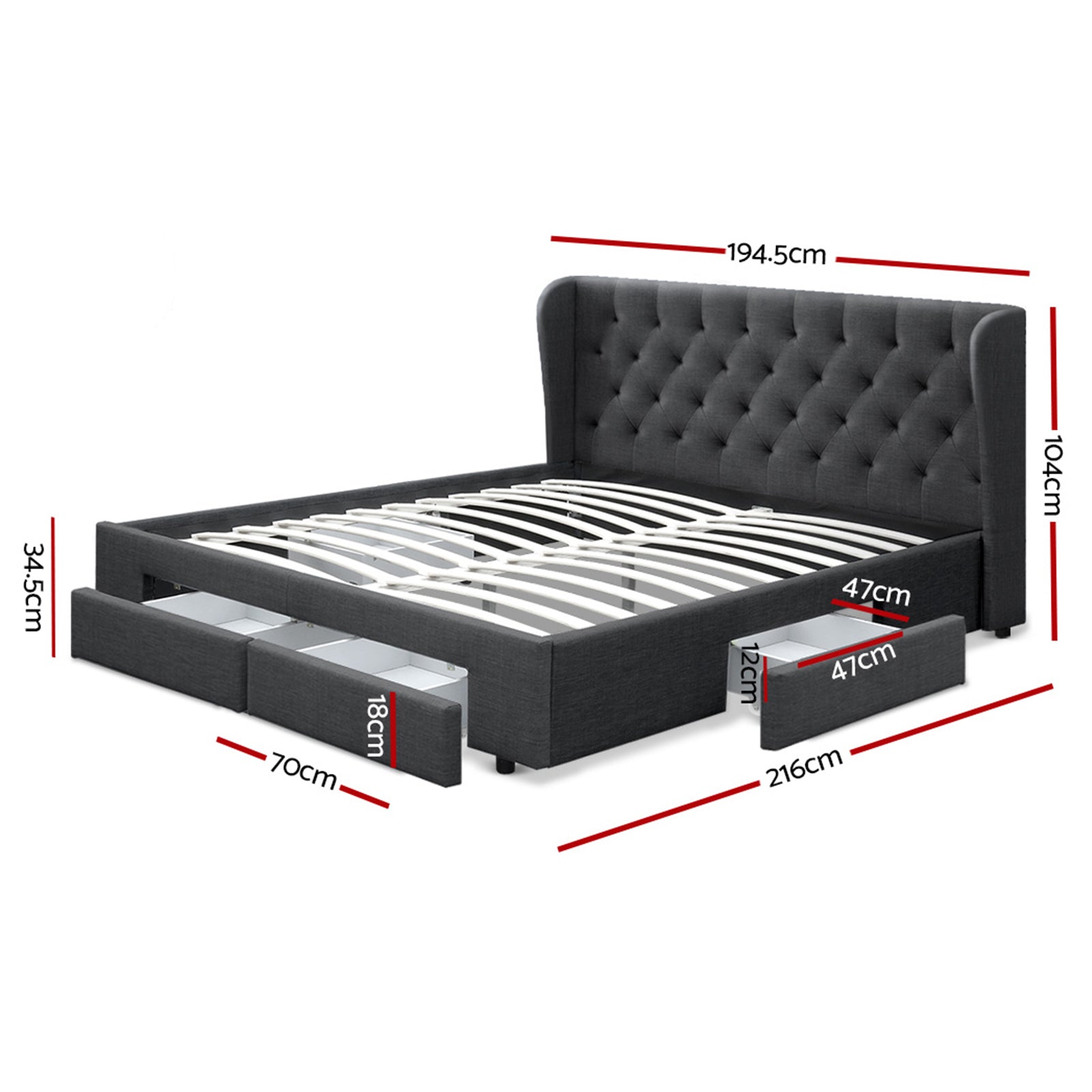 Bed Frame King Size Charcoal With 4 Built In Storage Drawers