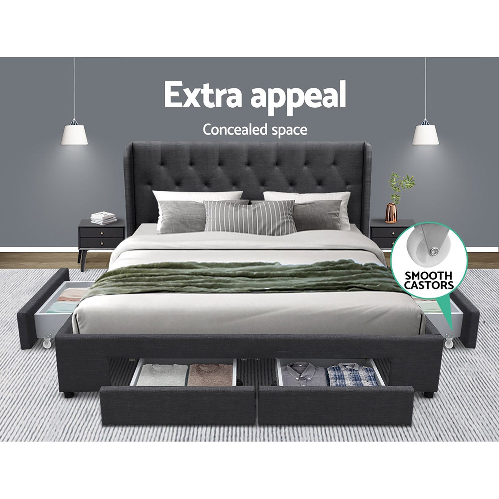 Bed Frame King Size Charcoal With 4 Built In Storage Drawers