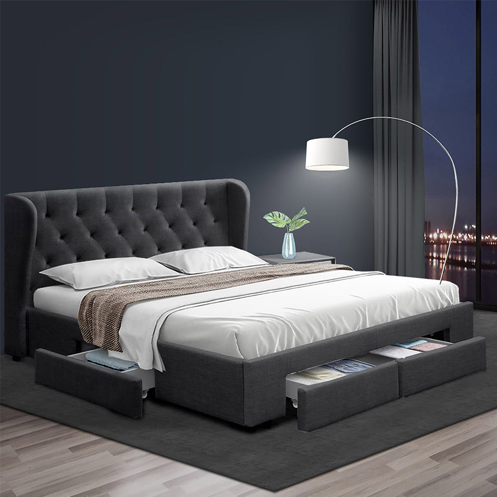 Bed Frame King Size Charcoal With 4 Built In Storage Drawers