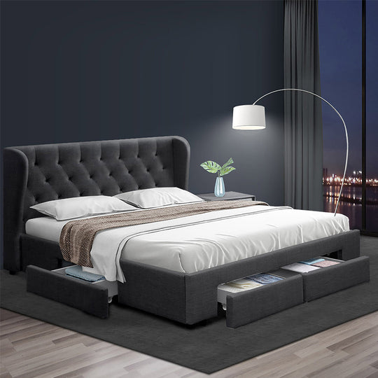 Bed Frame King Size Charcoal With 4 Built In Storage Drawers - Artiss Base Mattress Fabric