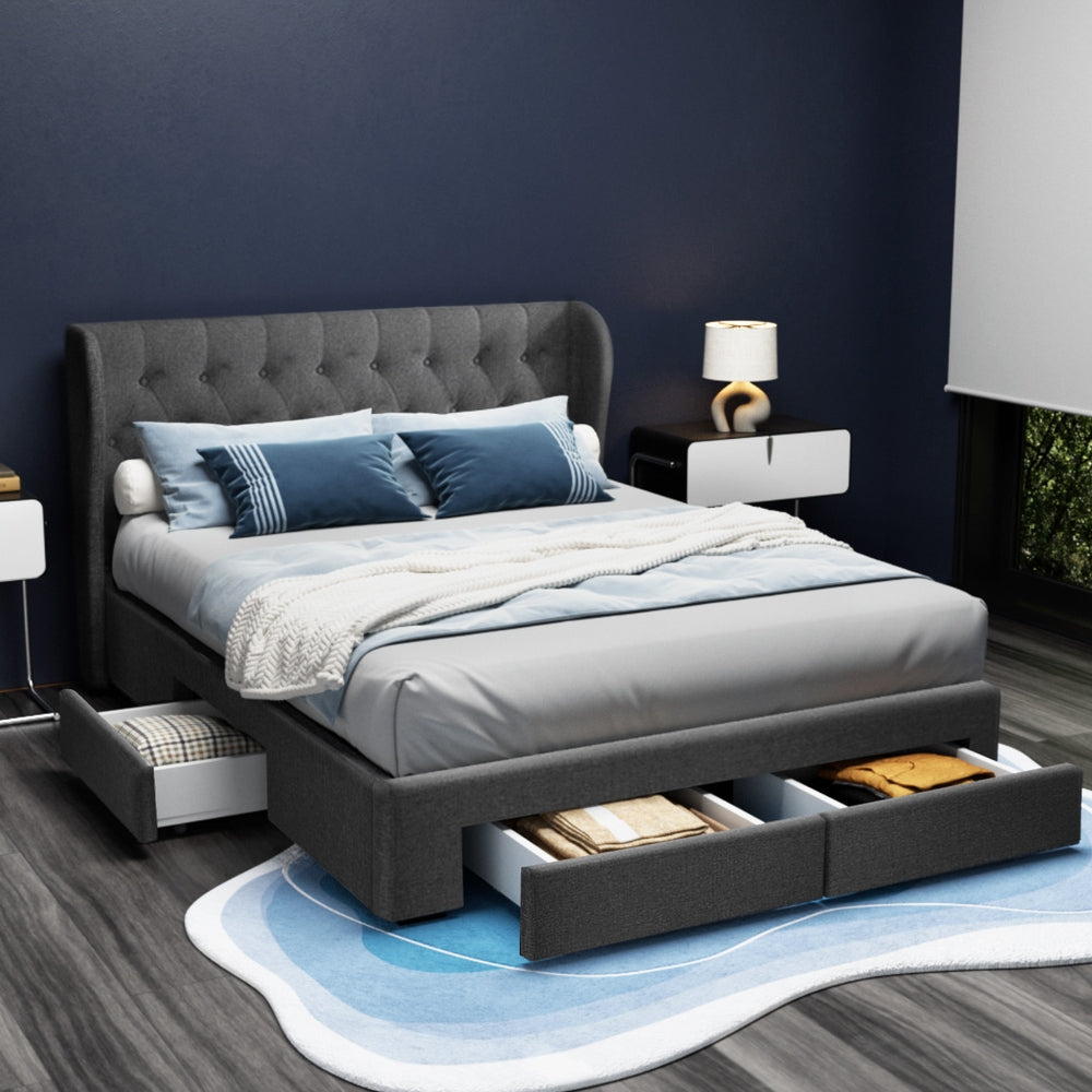 Queen Bed Frame Charcoal with 4 Built-In Storage Drawers