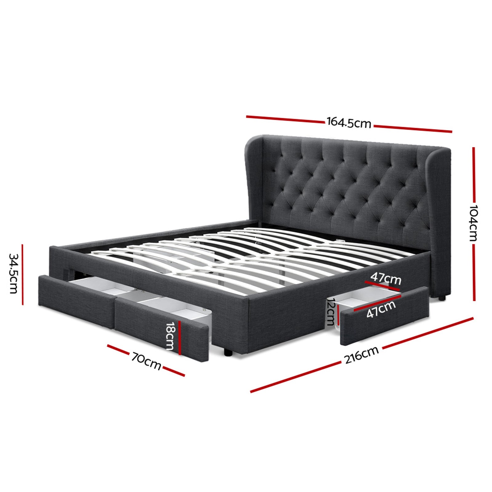 Queen Bed Frame Charcoal with 4 Built-In Storage Drawers