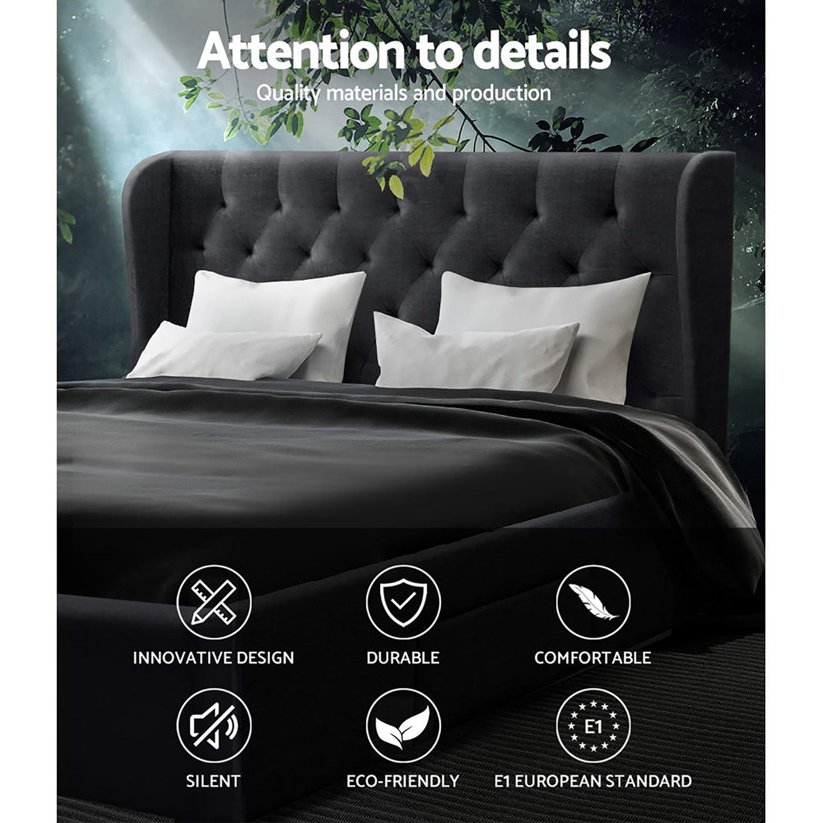 Queen Bed Frame Charcoal with 4 Built-In Storage Drawers