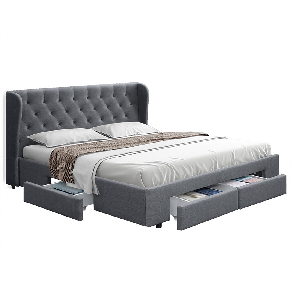 Queen Bed Frame Grey with 4 Built-In Storage Drawers