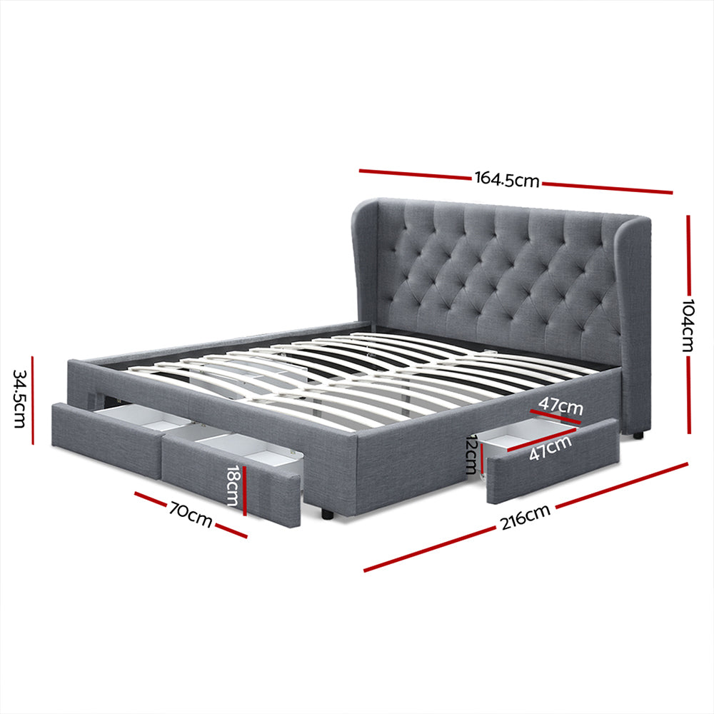 Queen Bed Frame Grey with 4 Built-In Storage Drawers