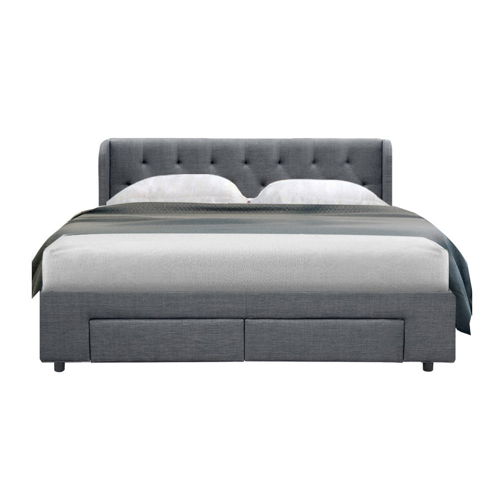 Queen Size Bed Frame in Grey Fabric with Storage Drawers