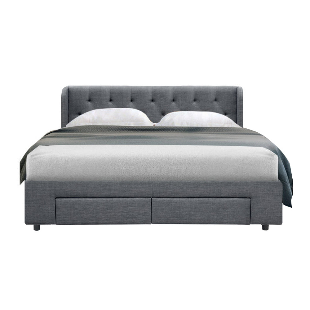 Queen Bed Frame Grey with 4 Built-In Storage Drawers