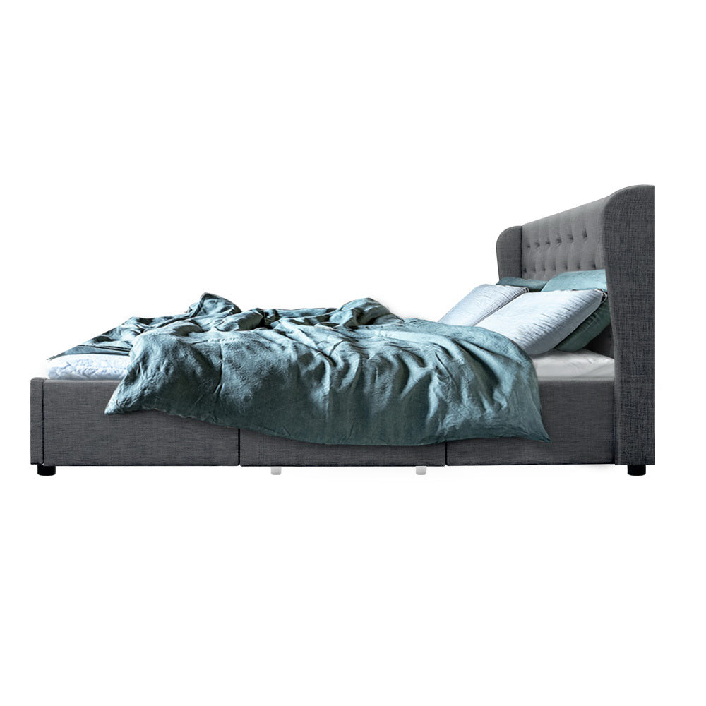 Queen Bed Frame Grey with 4 Built-In Storage Drawers