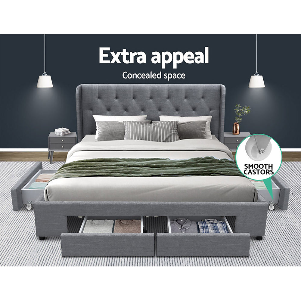 Queen Bed Frame Grey with 4 Built-In Storage Drawers