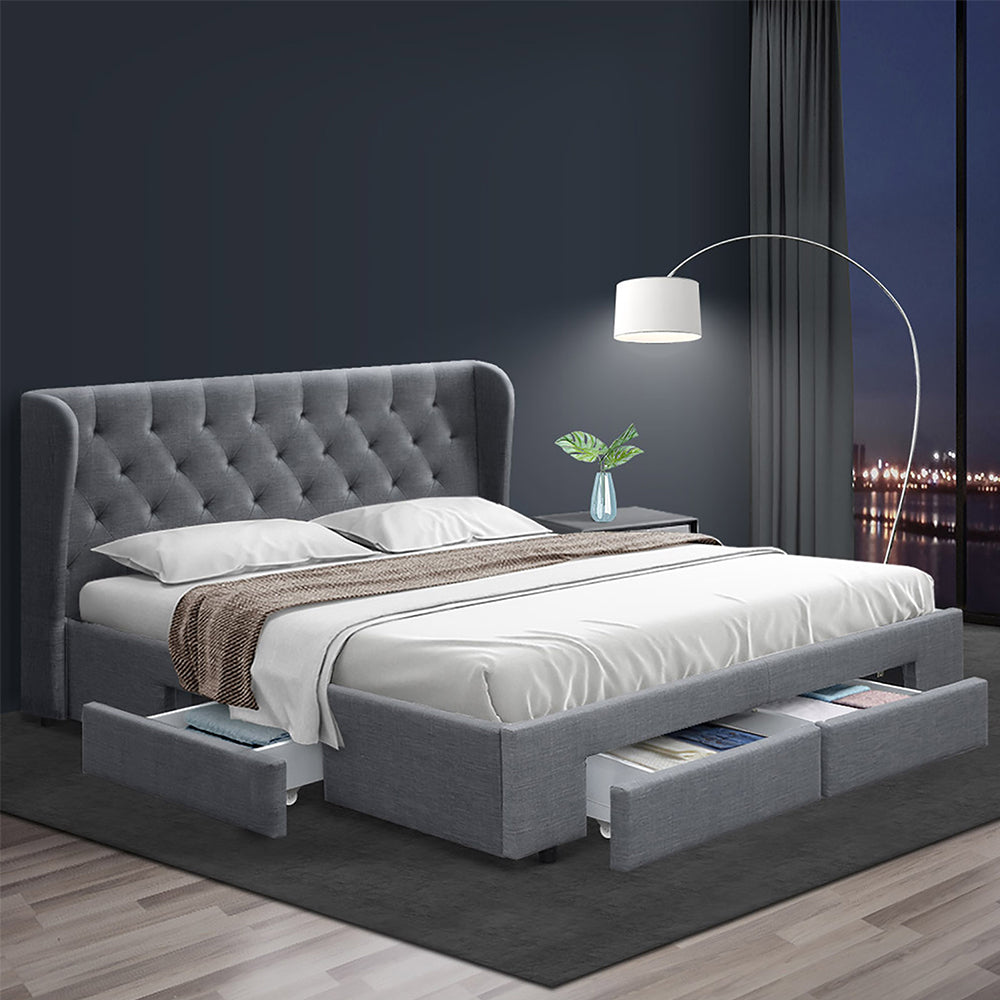 Queen Bed Frame Grey with 4 Built-In Storage Drawers