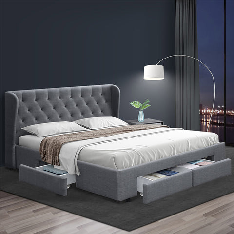 Queen Size Bed Frame in Grey Fabric with Storage Drawers