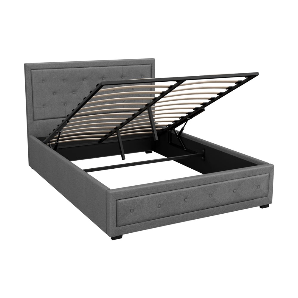 Double Gas Lift Bed Frame Grey Linen Upholstered with Storage