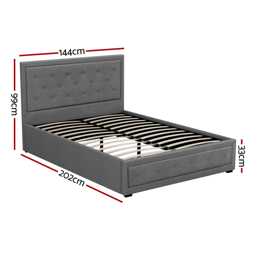 Double Gas Lift Bed Frame Grey Linen Upholstered with Storage