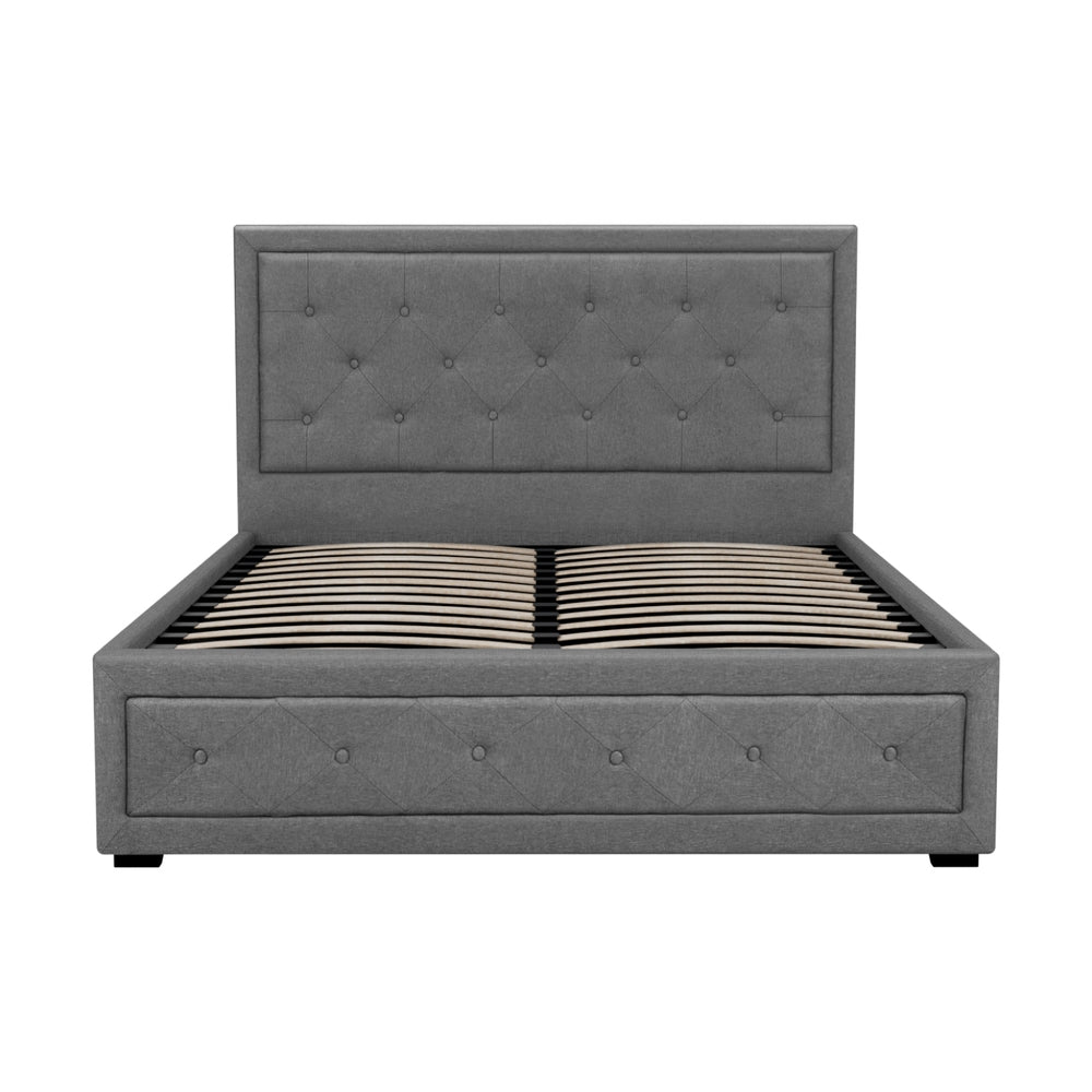 Double Gas Lift Bed Frame Grey Linen Upholstered with Storage