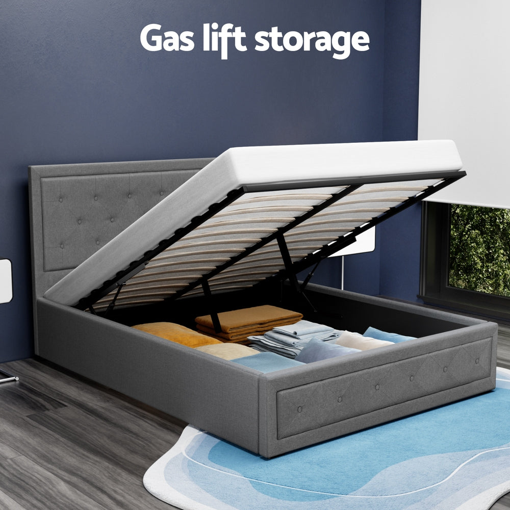 Double Gas Lift Bed Frame Grey Linen Upholstered with Storage